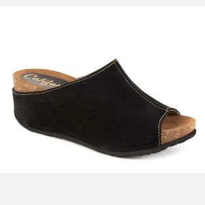 Californians Cecelia black suede leather cork wedge sandals NIB